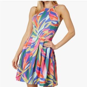 VINCE CAMUTO Printed Scuba Halter Dress in Porcelain Blue